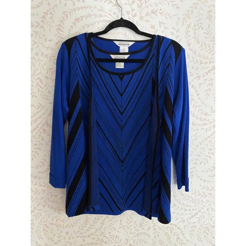 Vintage Set Misook Blue and Black Striped Long Sleeve Top - Picture 1 of 8